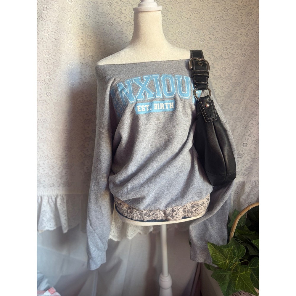 Off Shoulder Anxious Est Birth Gray Graphic Sweatshirt Size Medium